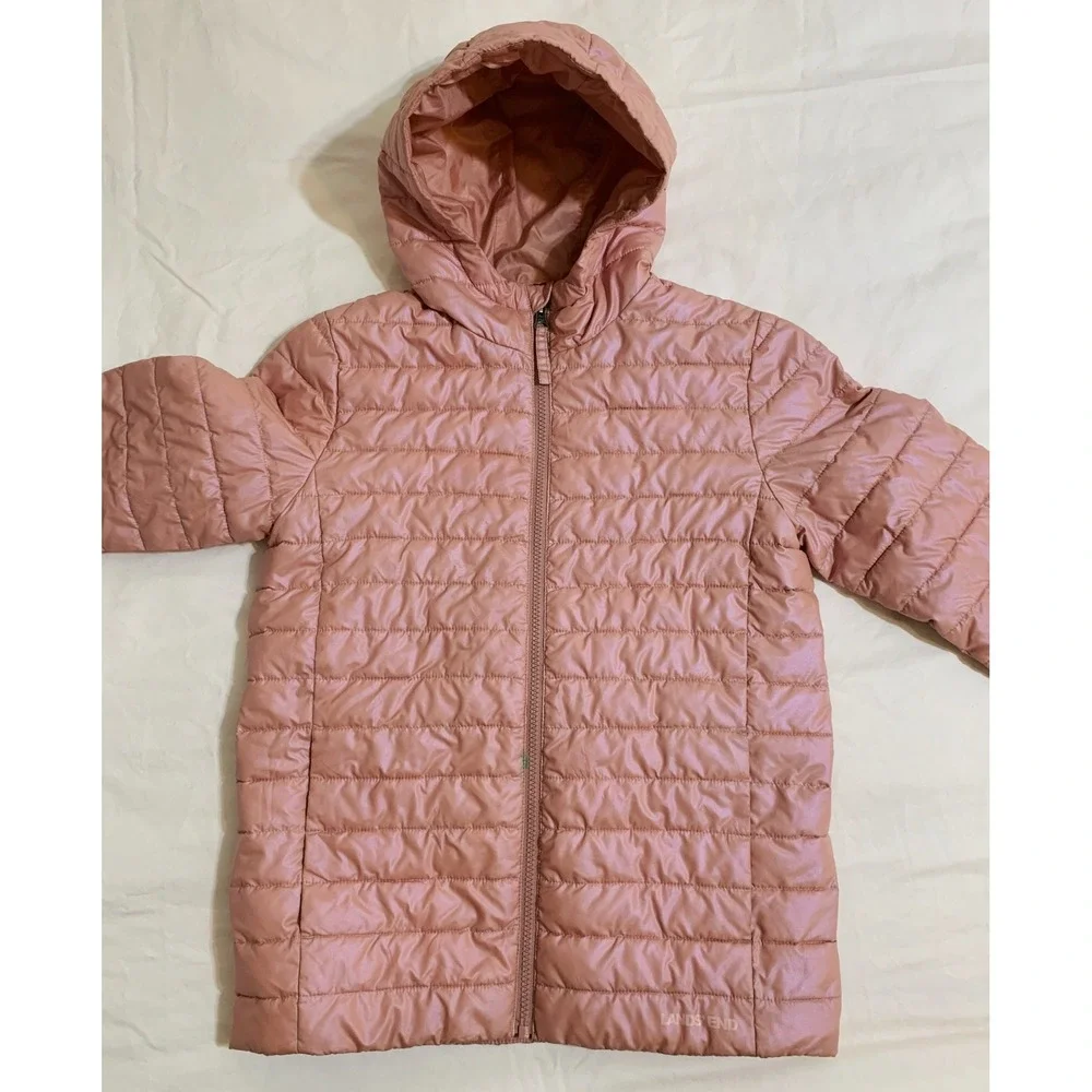 Lands‎ End Kids Girl Puffer Jacket Pastel Pink Zip Hooded Lightweight L/10-12
